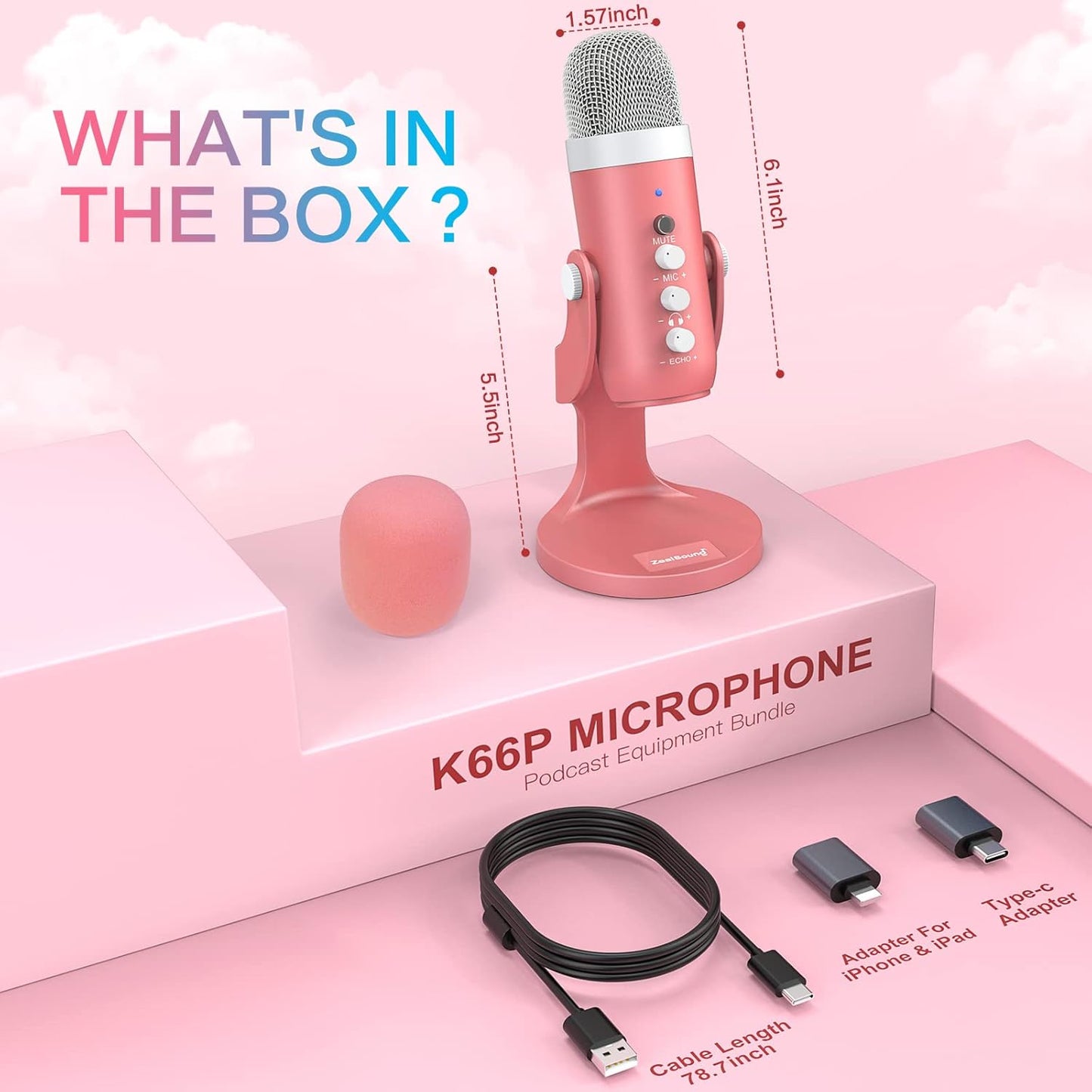 ZealSound K66 Pink USB Microphone — ASMR, Podcasting & Streaming with Noise Cancellation
