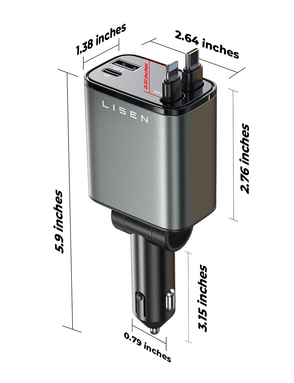 LISEN 4-in-1 Retractable Car Charger – 84W USB-C Fast Charge for iPhone & Samsung