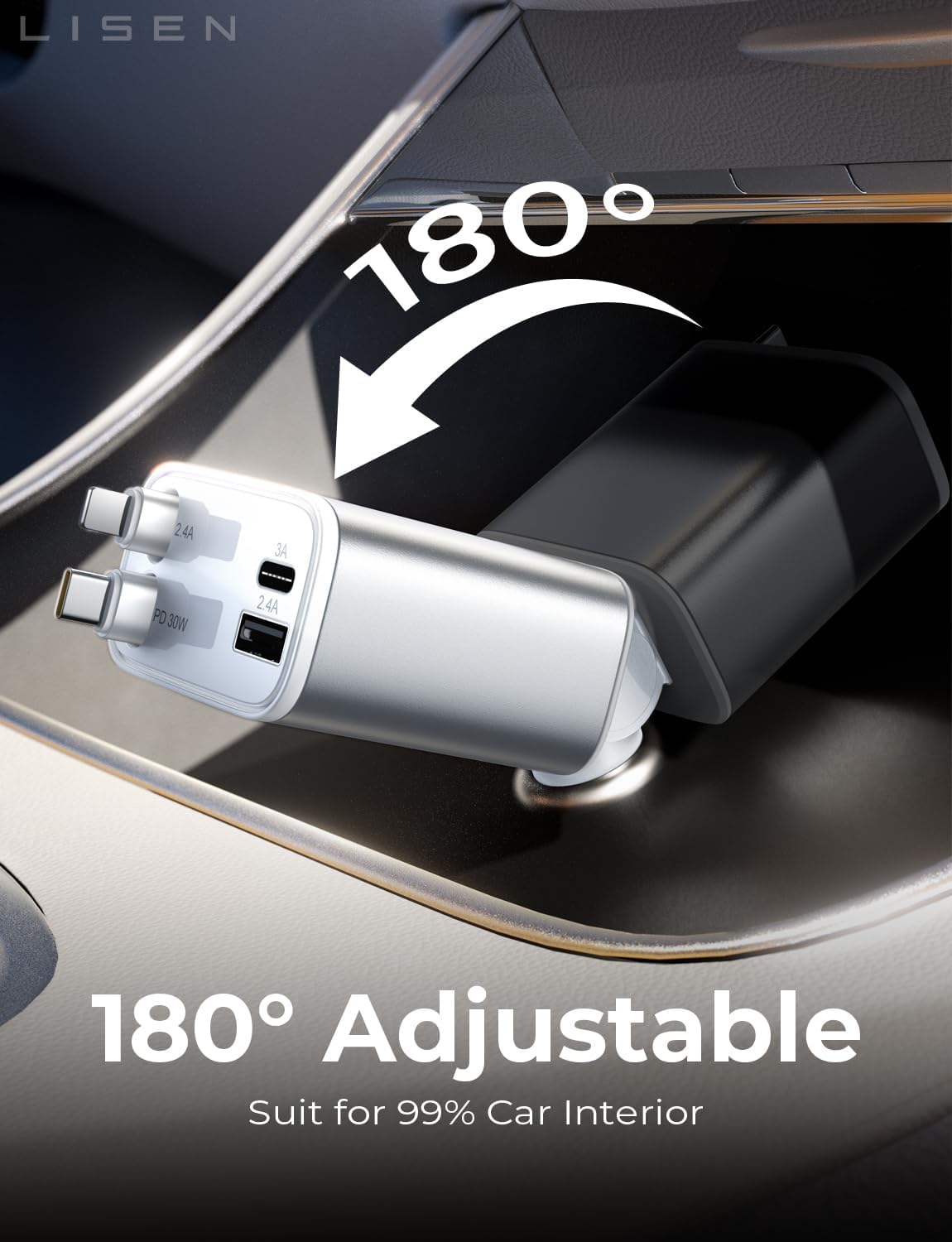 LISEN 4-in-1 Retractable Car Charger – 84W USB-C Fast Charge for iPhone & Samsung