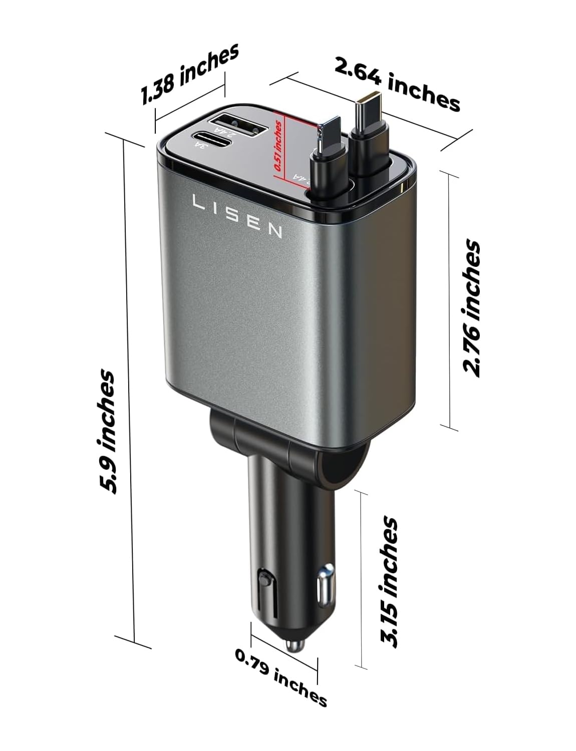 LISEN 4-in-1 Retractable Car Charger – 84W USB-C Fast Charge for iPhone & Samsung