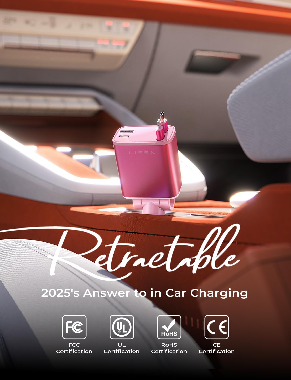 LISEN 4-in-1 Retractable Car Charger – 84W USB-C Fast Charge for iPhone & Samsung