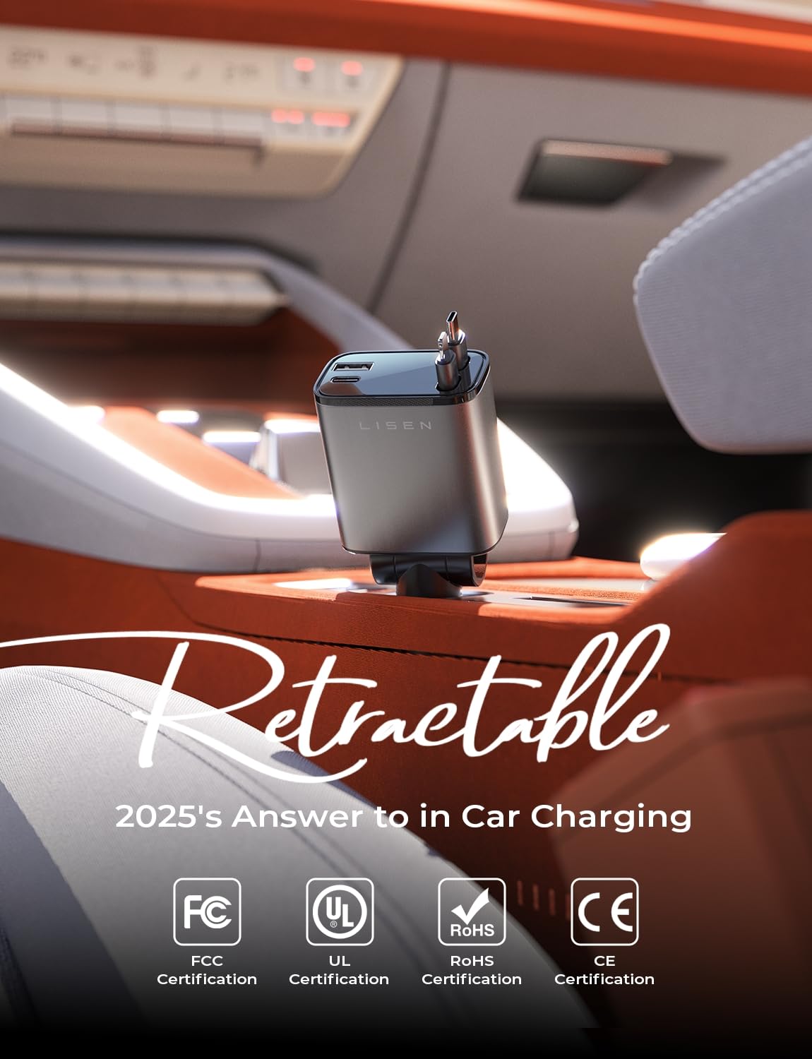LISEN 4-in-1 Retractable Car Charger – 84W USB-C Fast Charge for iPhone & Samsung