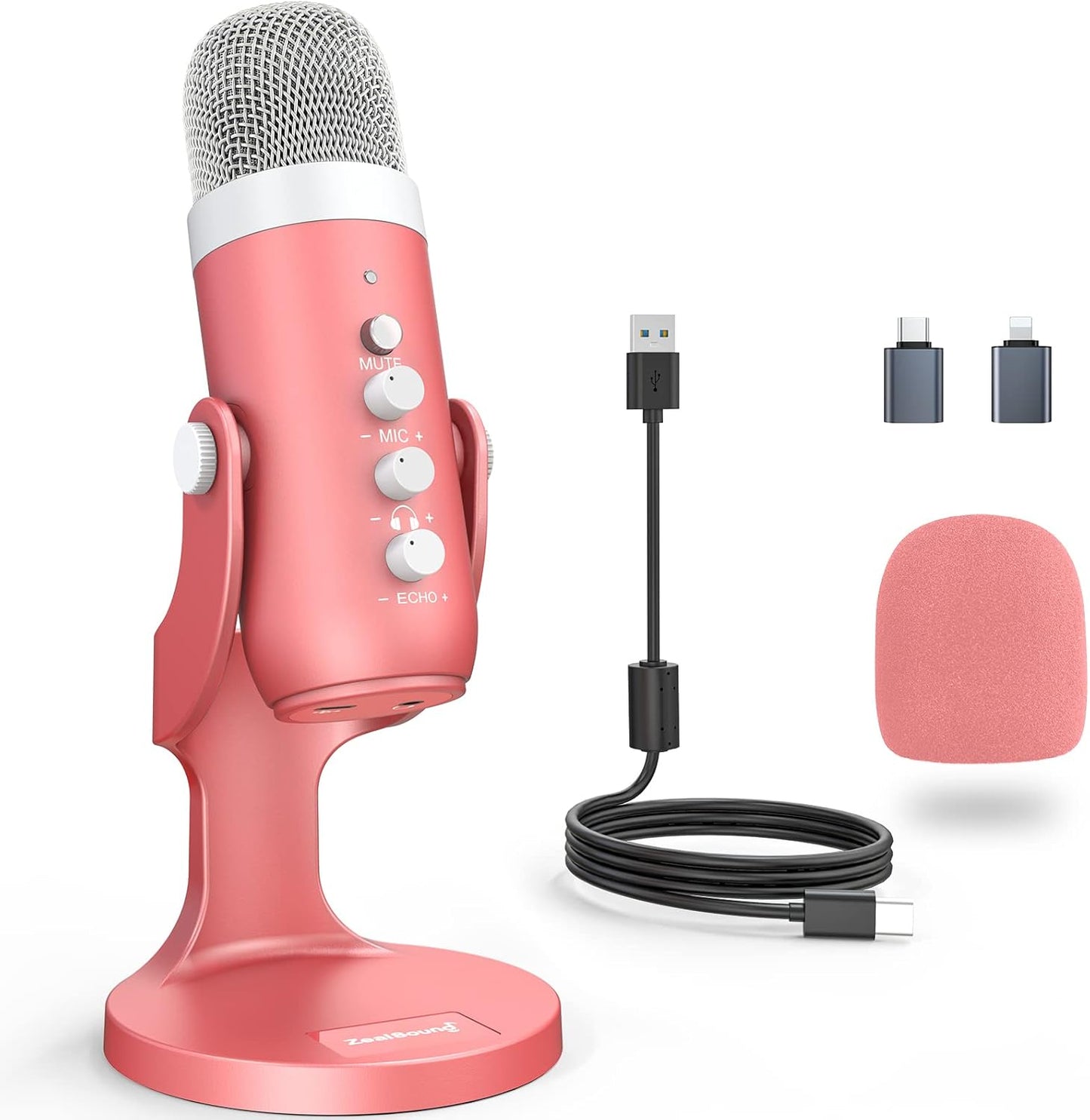 ZealSound K66 Pink USB Microphone — ASMR, Podcasting & Streaming with Noise Cancellation