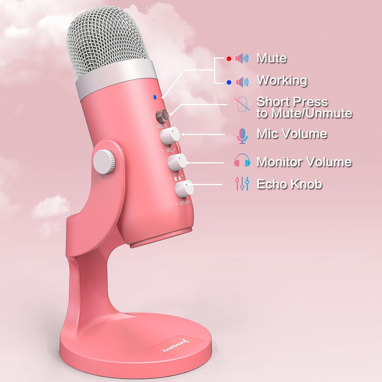 ZealSound K66 Pink USB Microphone — ASMR, Podcasting & Streaming with Noise Cancellation