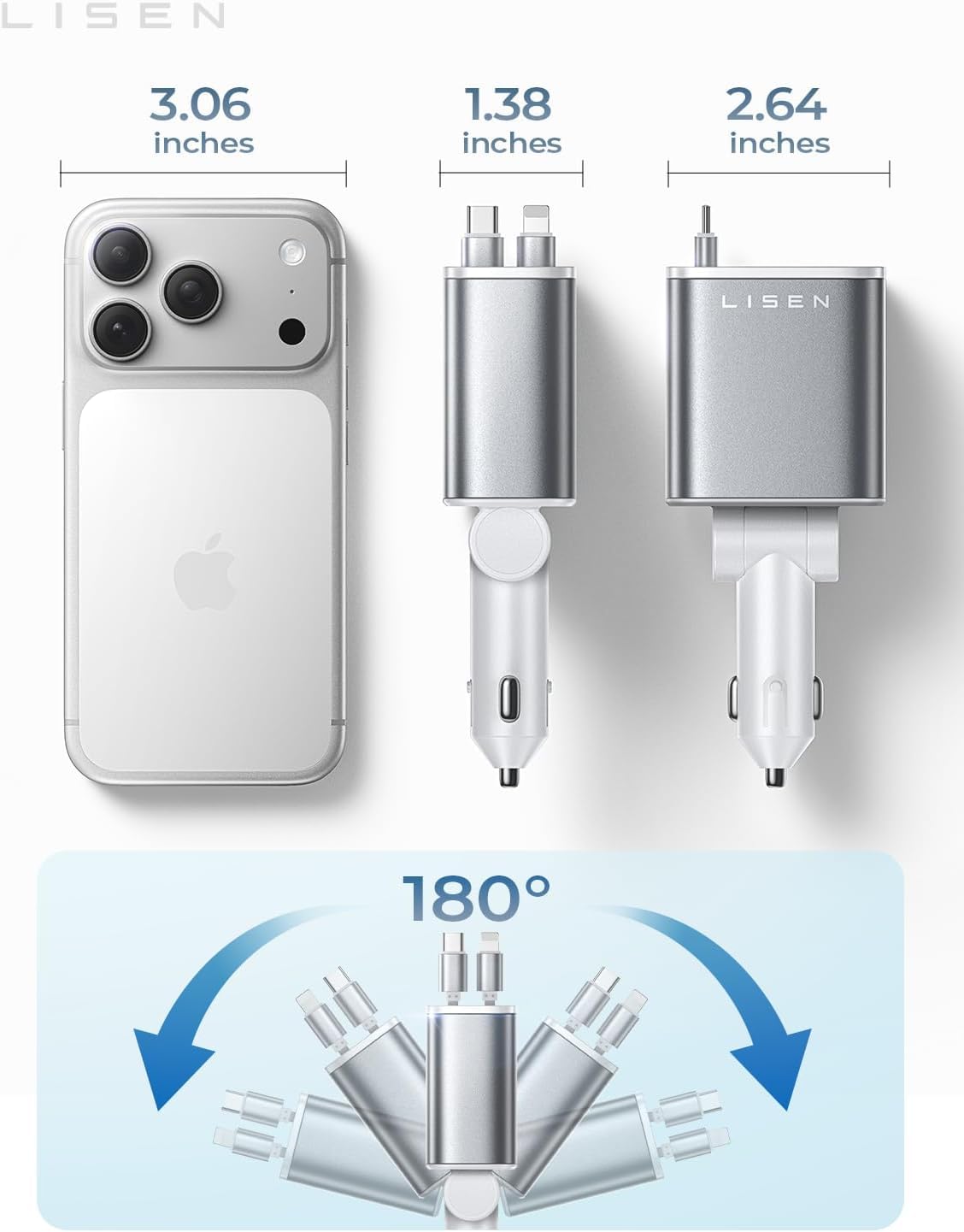 LISEN 4-in-1 Retractable Car Charger – 84W USB-C Fast Charge for iPhone & Samsung