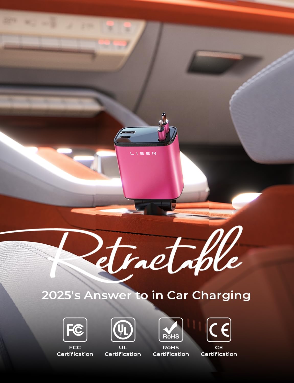 LISEN 4-in-1 Retractable Car Charger – 84W USB-C Fast Charge for iPhone & Samsung
