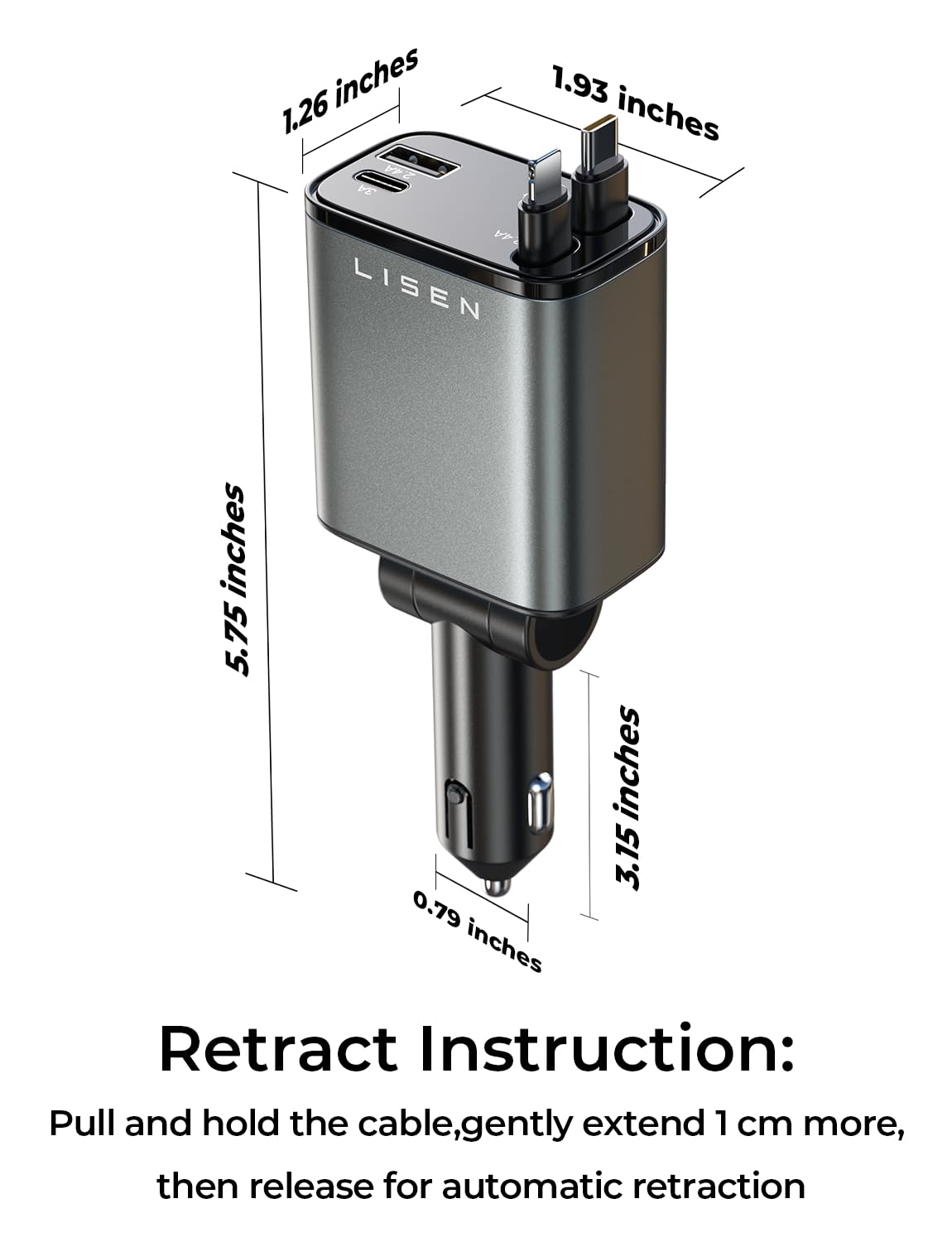 LISEN 4-in-1 Retractable Car Charger – 84W USB-C Fast Charge for iPhone & Samsung