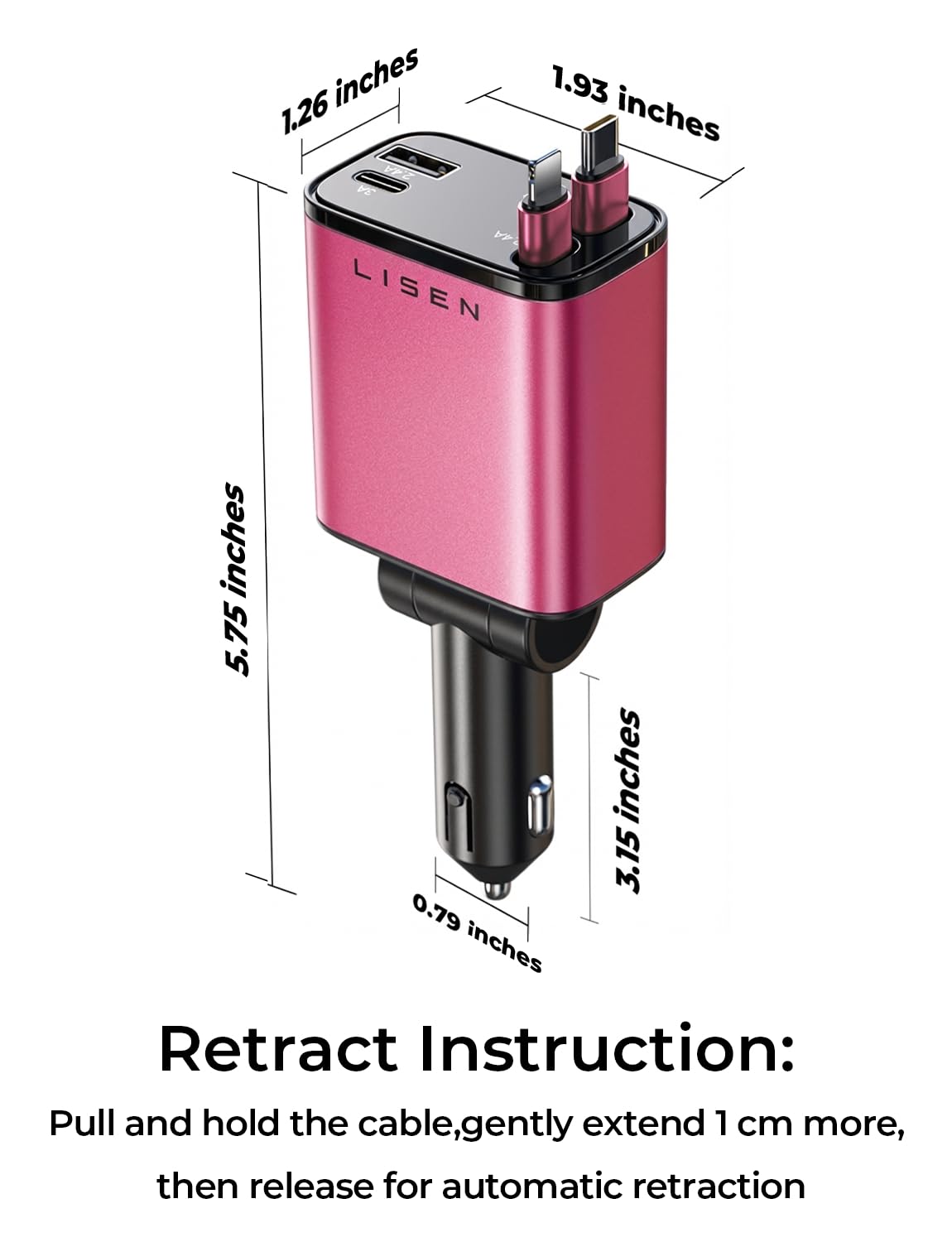 LISEN 4-in-1 Retractable Car Charger – 84W USB-C Fast Charge for iPhone & Samsung