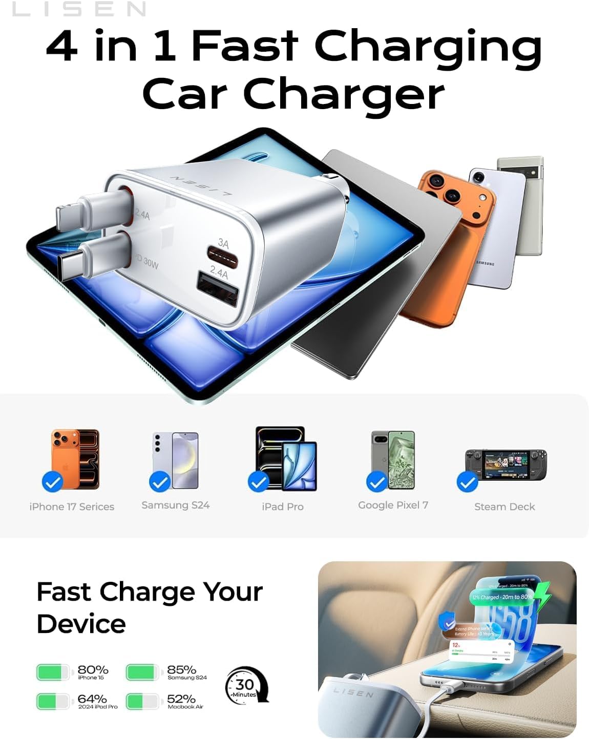 LISEN 4-in-1 Retractable Car Charger – 84W USB-C Fast Charge for iPhone & Samsung