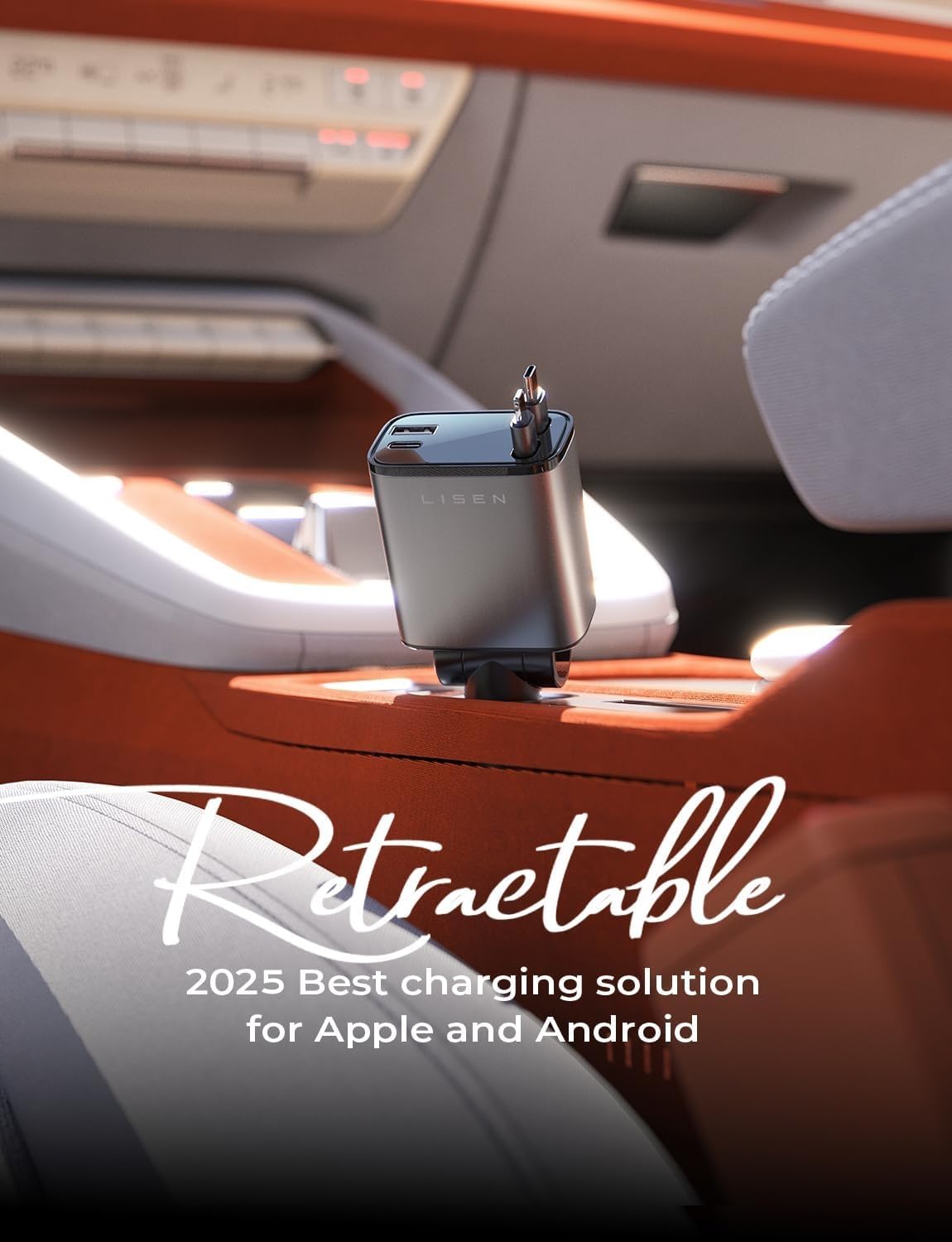 LISEN 4-in-1 Retractable Car Charger – 84W USB-C Fast Charge for iPhone & Samsung
