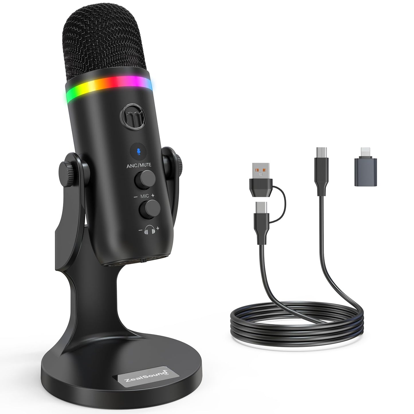 ZealSound Podcast Microphone for PC, Noise Cancellation USB Mic with Gain, Volume Adjustment & Mute Button, Monitoring & Echo, for YouTube, TikTok, Podcasting, Streaming, iPhone, iPad, Android, Mac