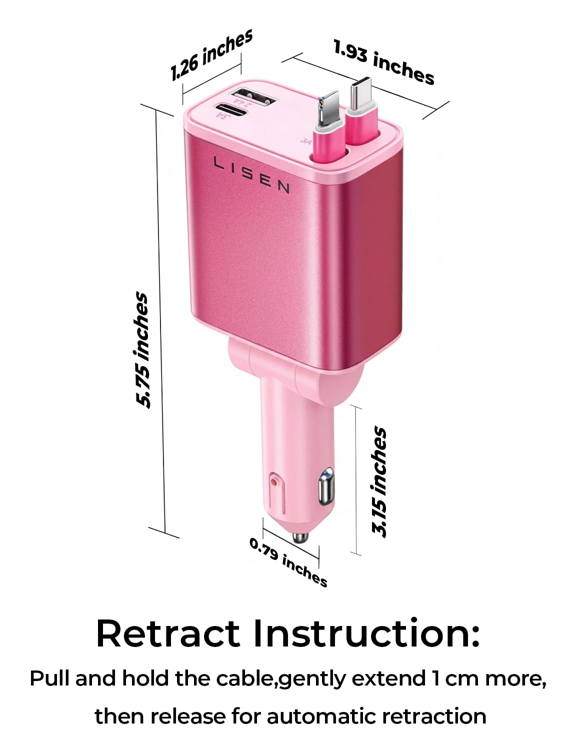LISEN 4-in-1 Retractable Car Charger – 84W USB-C Fast Charge for iPhone & Samsung