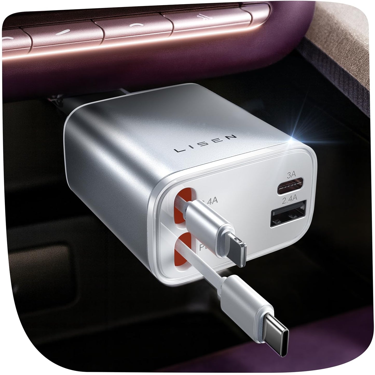 LISEN 4-in-1 Retractable Car Charger – 84W USB-C Fast Charge for iPhone & Samsung
