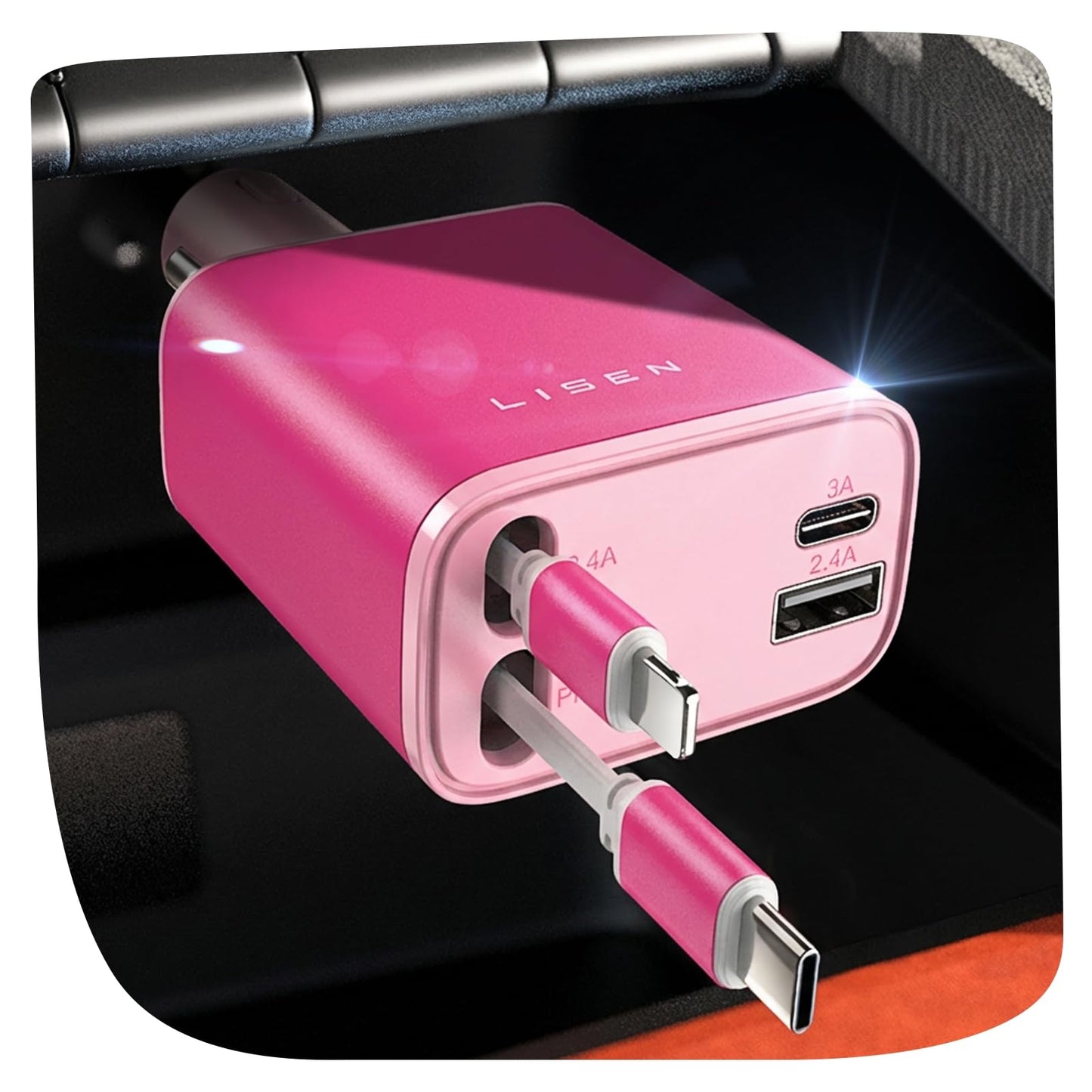 LISEN 4-in-1 Retractable Car Charger – 84W USB-C Fast Charge for iPhone & Samsung