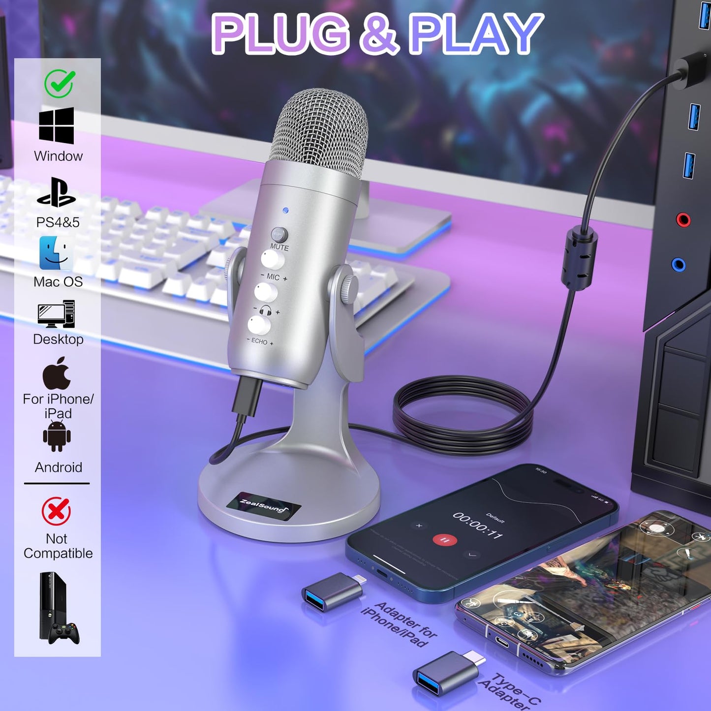 ZealSound Podcast Microphone for PC, Noise Cancellation USB Mic with Gain, Volume Adjustment & Mute Button, Monitoring & Echo, for YouTube, TikTok, Podcasting, Streaming, iPhone, iPad, Android, Mac