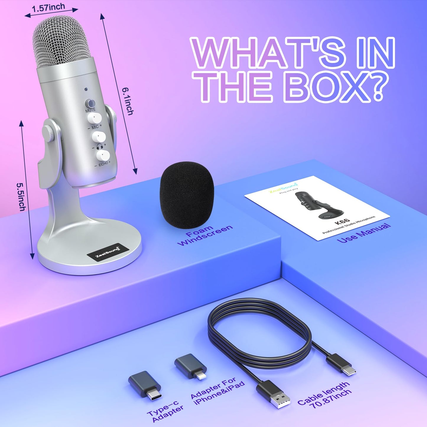 ZealSound Podcast Microphone for PC, Noise Cancellation USB Mic with Gain, Volume Adjustment & Mute Button, Monitoring & Echo, for YouTube, TikTok, Podcasting, Streaming, iPhone, iPad, Android, Mac