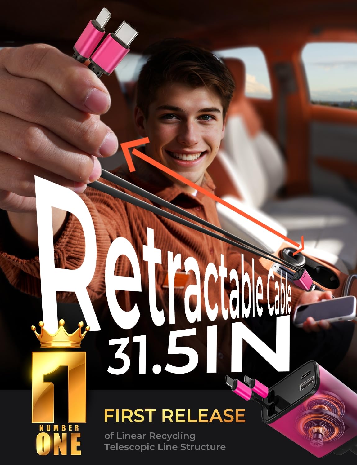 LISEN 4-in-1 Retractable Car Charger – 84W USB-C Fast Charge for iPhone & Samsung