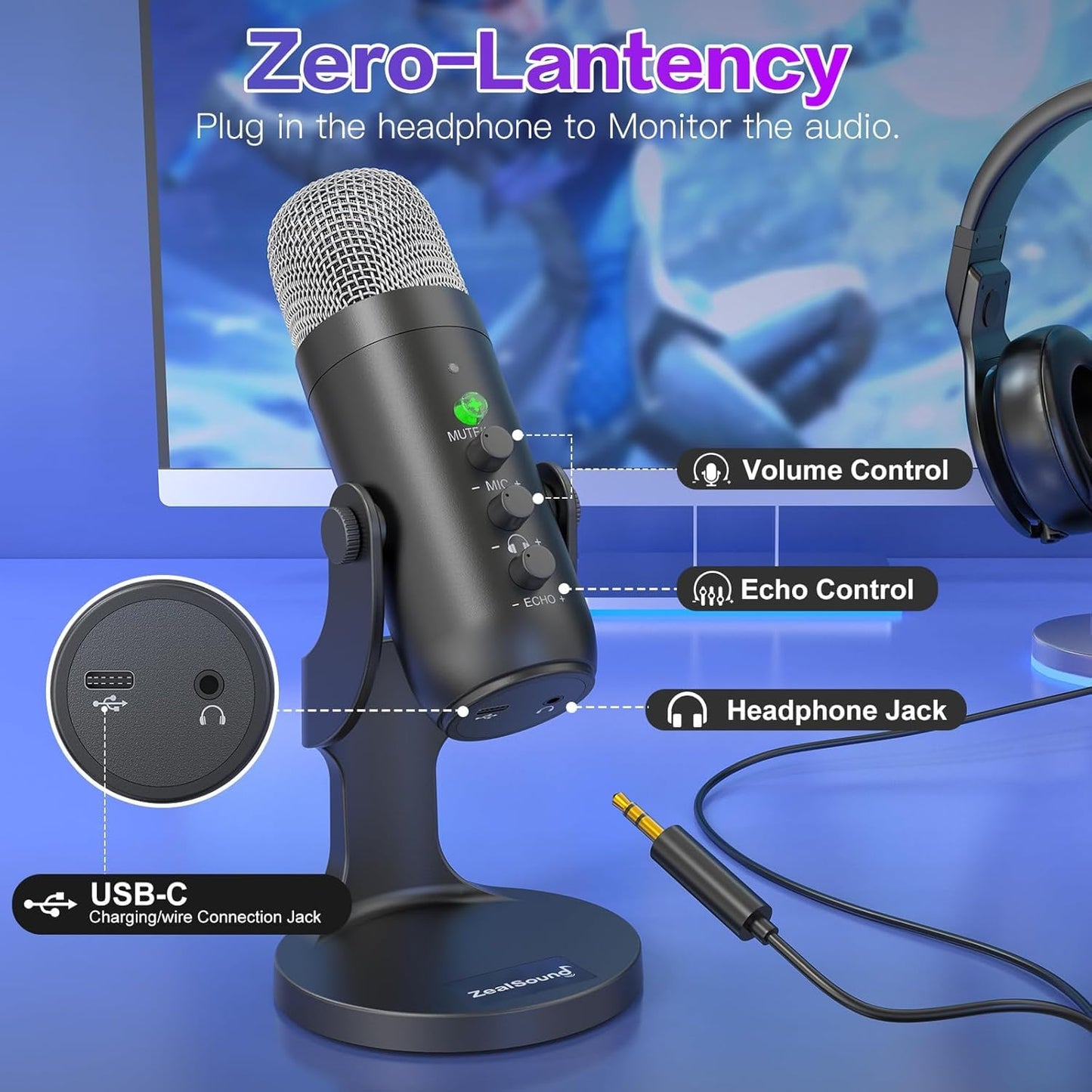 ZealSound Podcast Microphone for PC, Noise Cancellation USB Mic with Gain, Volume Adjustment & Mute Button, Monitoring & Echo, for YouTube, TikTok, Podcasting, Streaming, iPhone, iPad, Android, Mac