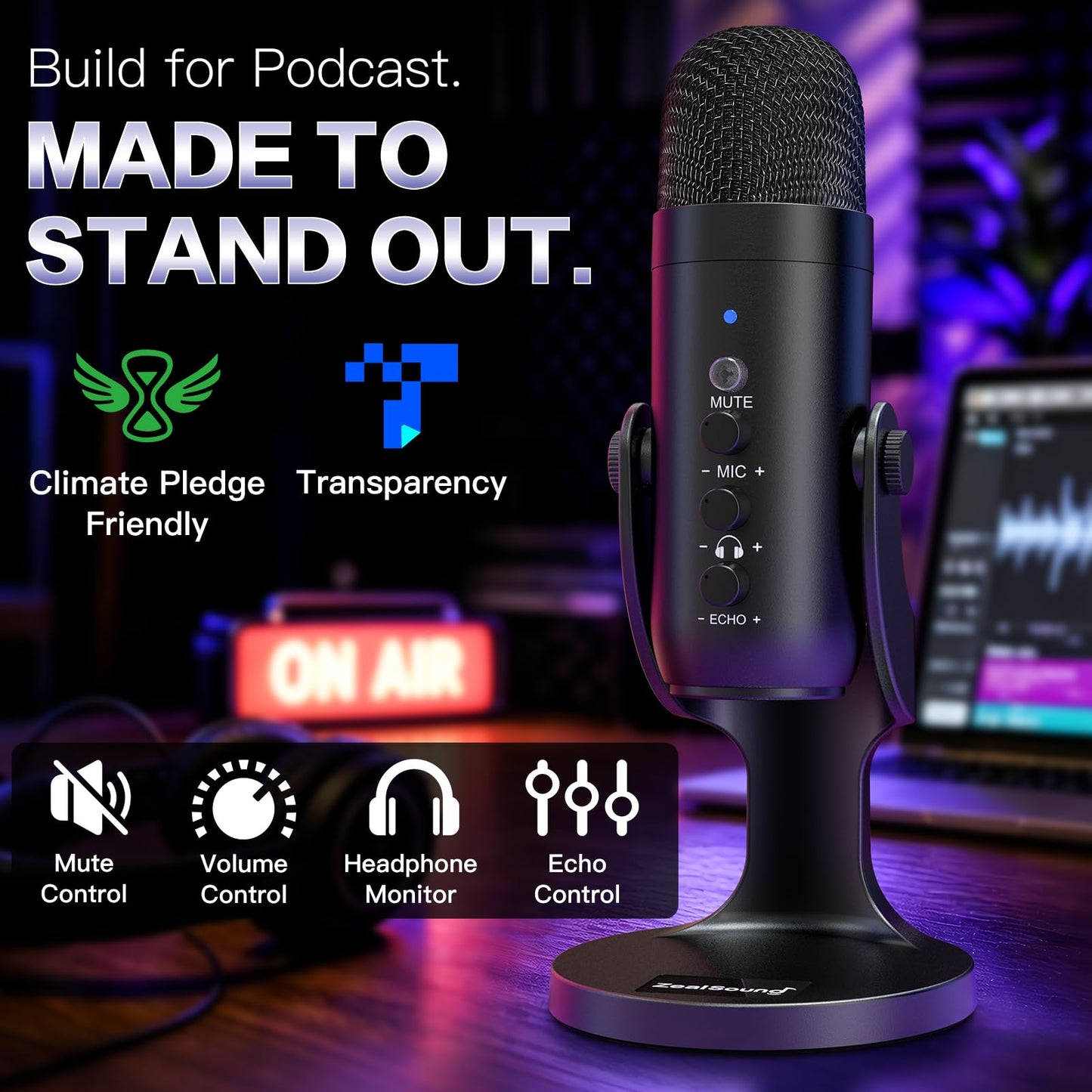 ZealSound Podcast Microphone for PC, Noise Cancellation USB Mic with Gain, Volume Adjustment & Mute Button, Monitoring & Echo, for YouTube, TikTok, Podcasting, Streaming, iPhone, iPad, Android, Mac