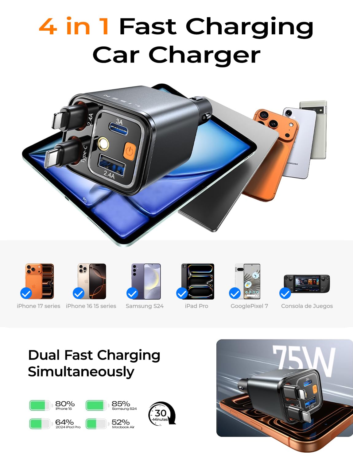 LISEN 4-in-1 Retractable Car Charger – 84W USB-C Fast Charge for iPhone & Samsung