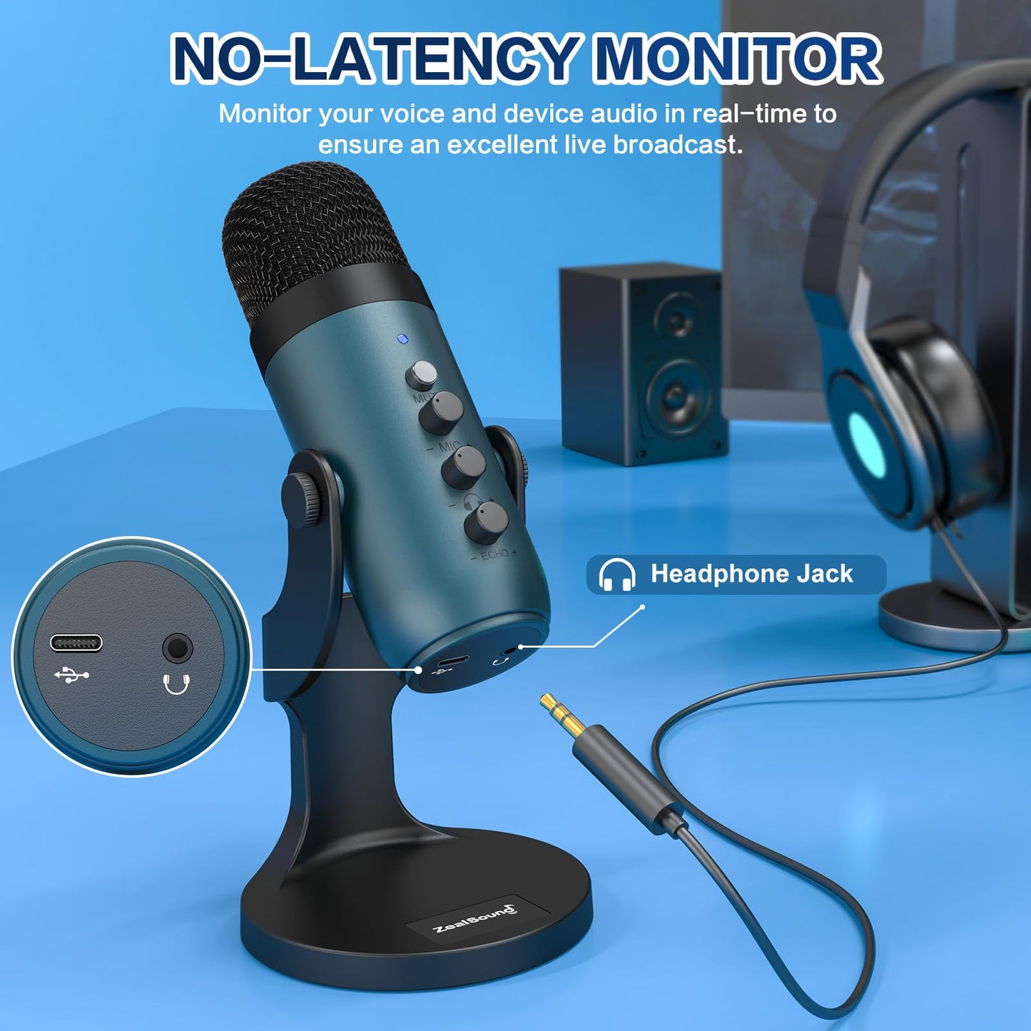 ZealSound Podcast Microphone for PC, Noise Cancellation USB Mic with Gain, Volume Adjustment & Mute Button, Monitoring & Echo, for YouTube, TikTok, Podcasting, Streaming, iPhone, iPad, Android, Mac