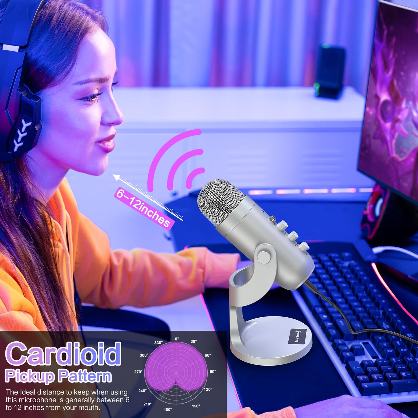 ZealSound Podcast Microphone for PC, Noise Cancellation USB Mic with Gain, Volume Adjustment & Mute Button, Monitoring & Echo, for YouTube, TikTok, Podcasting, Streaming, iPhone, iPad, Android, Mac