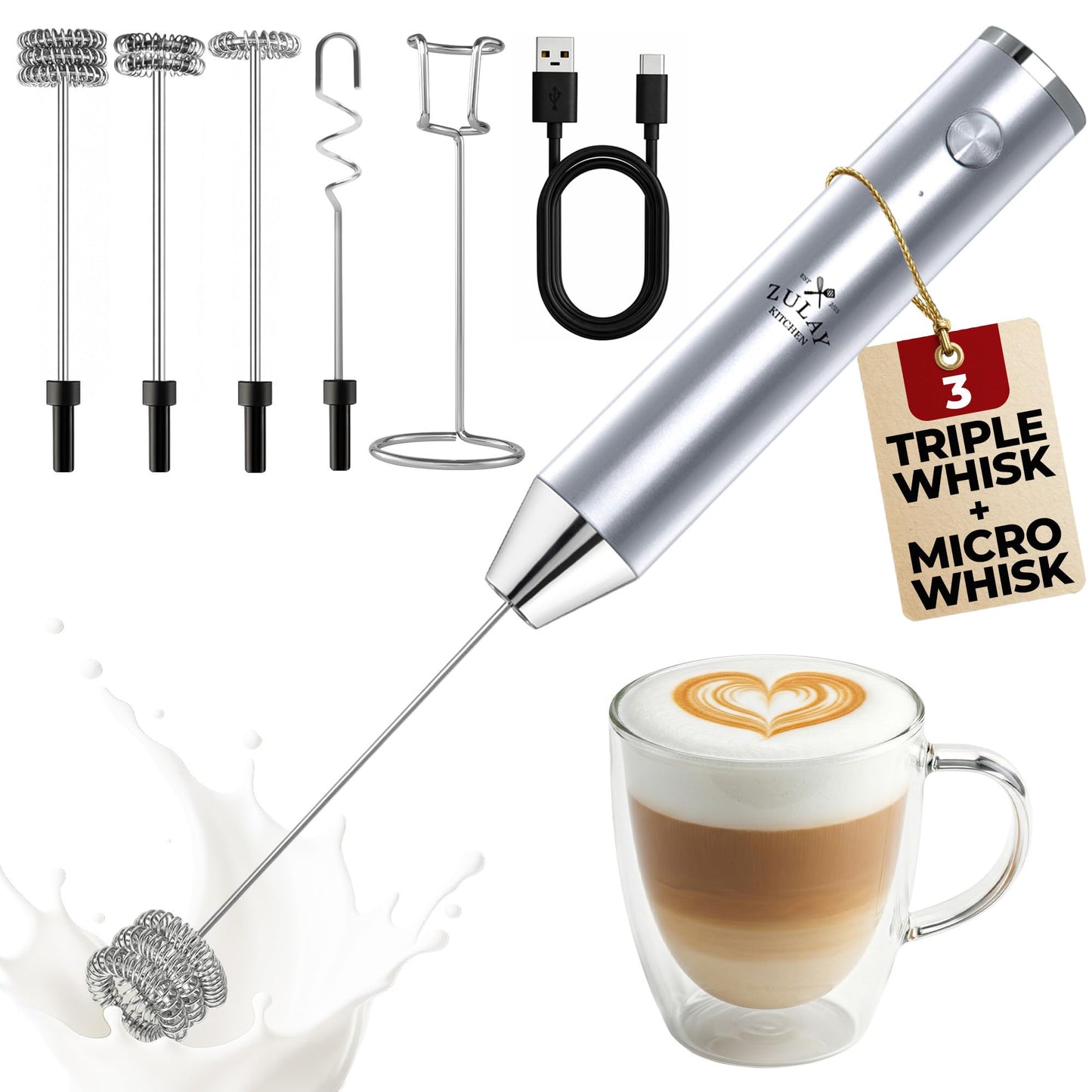 Zulay Milk Boss Frother Wand with Stand & Batteries