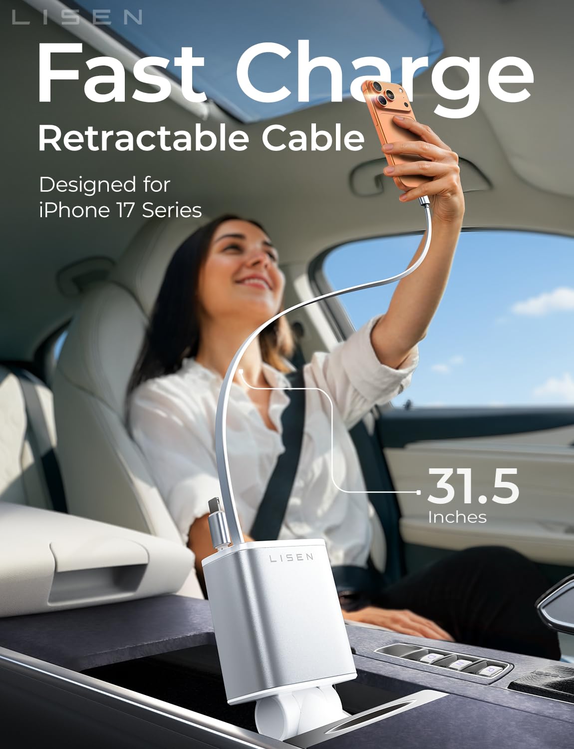 LISEN 4-in-1 Retractable Car Charger – 84W USB-C Fast Charge for iPhone & Samsung