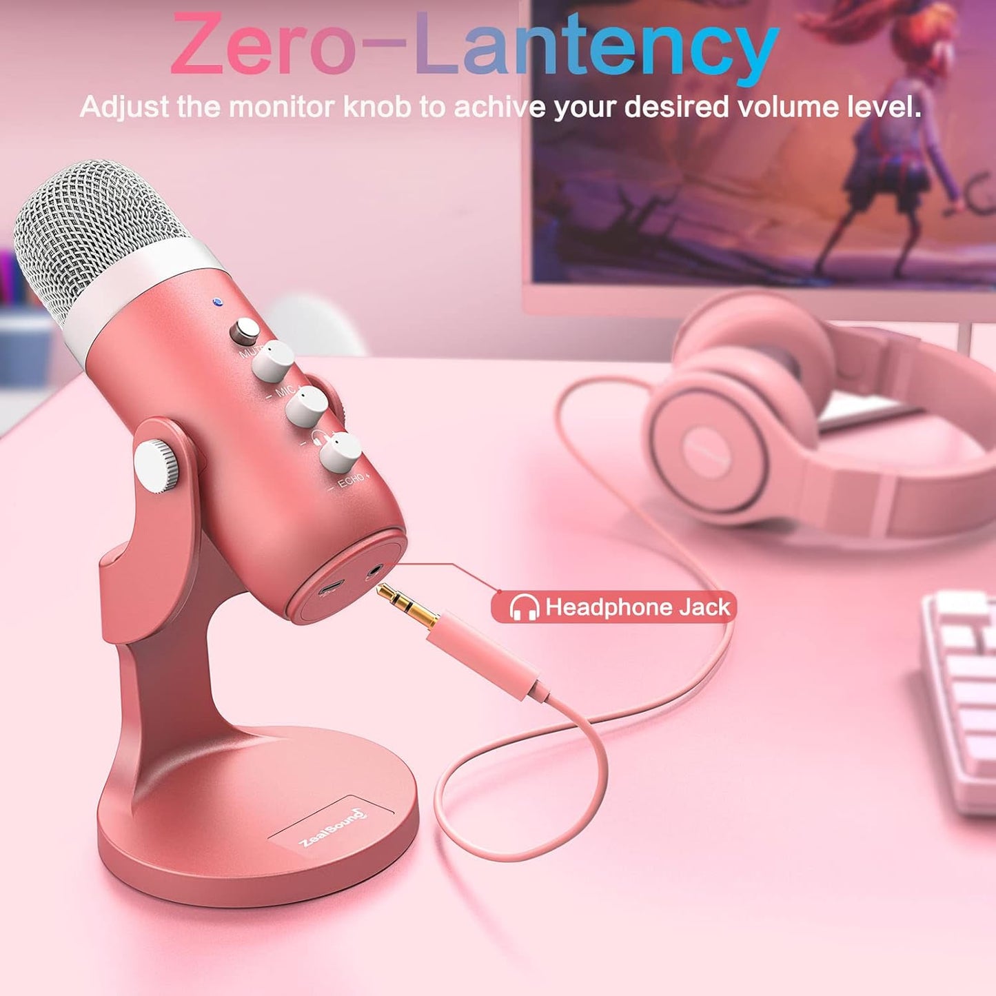 ZealSound K66 Pink USB Microphone — ASMR, Podcasting & Streaming with Noise Cancellation