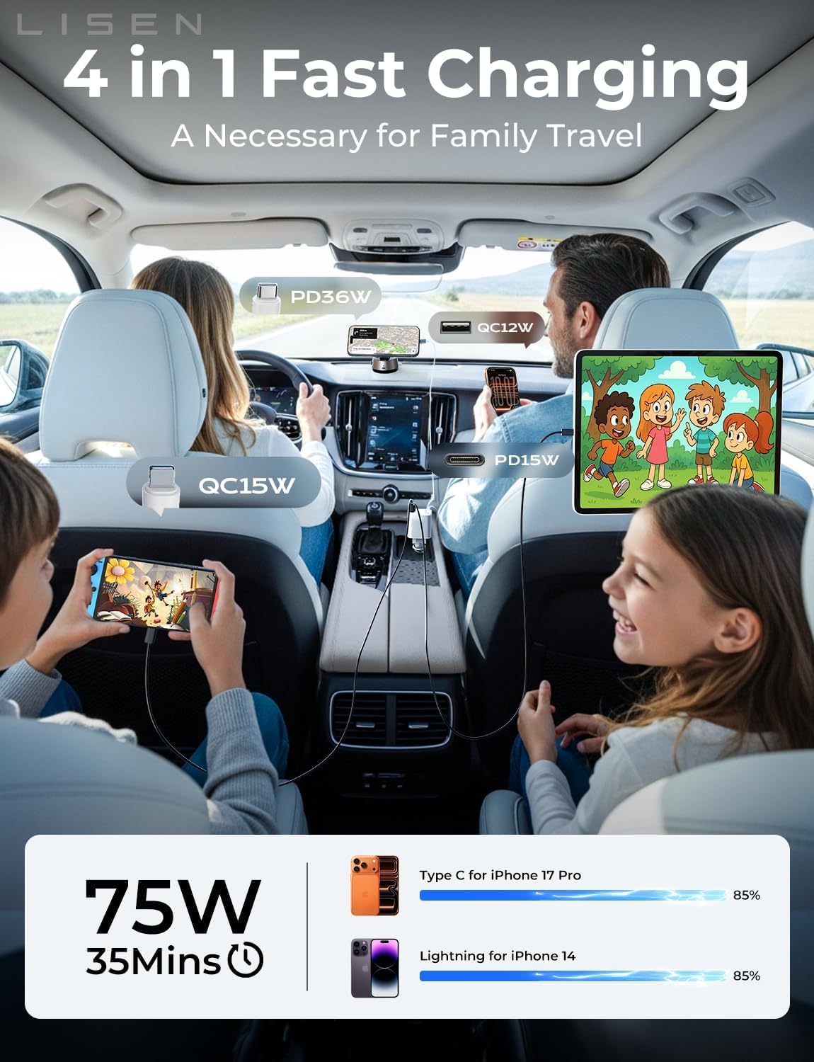 LISEN 4-in-1 Retractable Car Charger – 84W USB-C Fast Charge for iPhone & Samsung