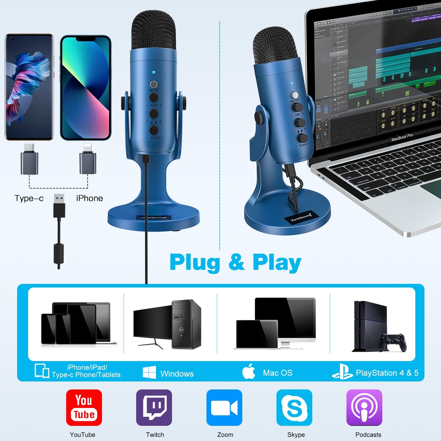 ZealSound Podcast Microphone for PC, Noise Cancellation USB Mic with Gain, Volume Adjustment & Mute Button, Monitoring & Echo, for YouTube, TikTok, Podcasting, Streaming, iPhone, iPad, Android, Mac