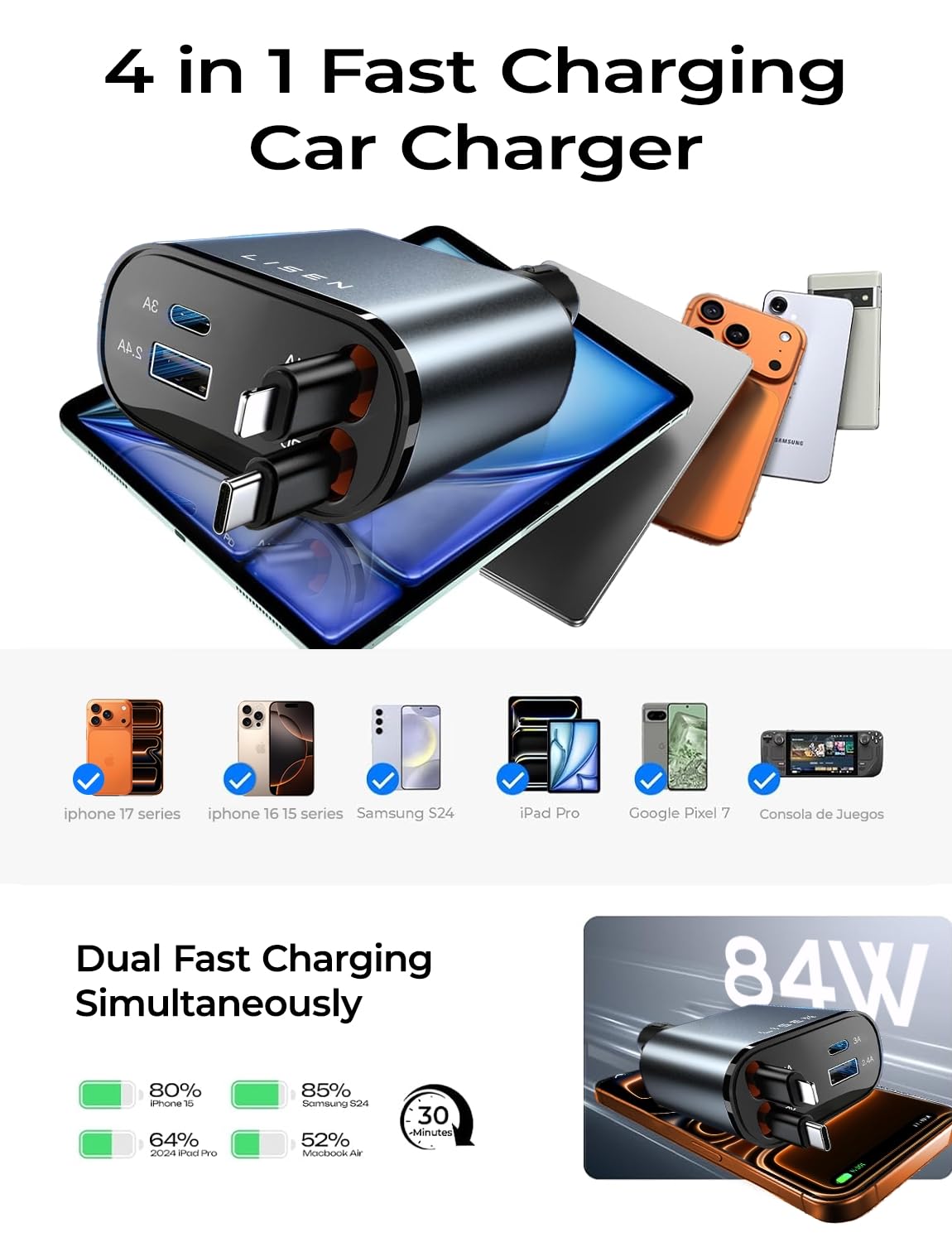 LISEN 4-in-1 Retractable Car Charger – 84W USB-C Fast Charge for iPhone & Samsung