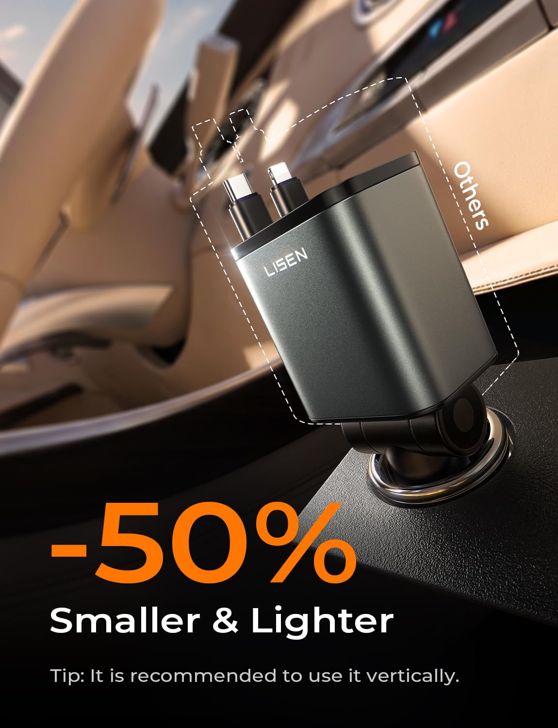 LISEN 4-in-1 Retractable Car Charger – 84W USB-C Fast Charge for iPhone & Samsung
