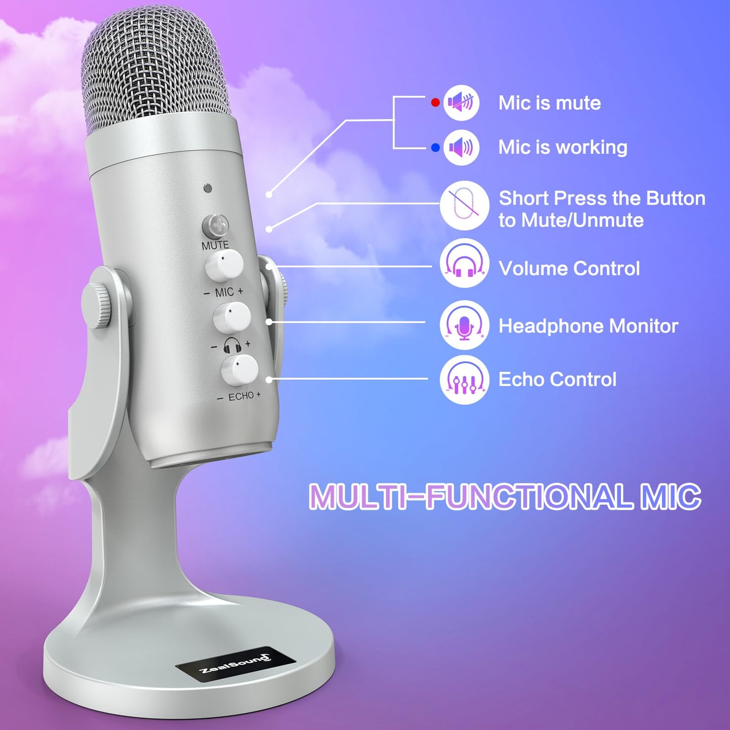 ZealSound Podcast Microphone for PC, Noise Cancellation USB Mic with Gain, Volume Adjustment & Mute Button, Monitoring & Echo, for YouTube, TikTok, Podcasting, Streaming, iPhone, iPad, Android, Mac