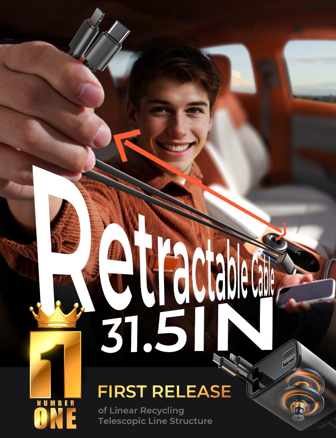 LISEN 4-in-1 Retractable Car Charger – 84W USB-C Fast Charge for iPhone & Samsung