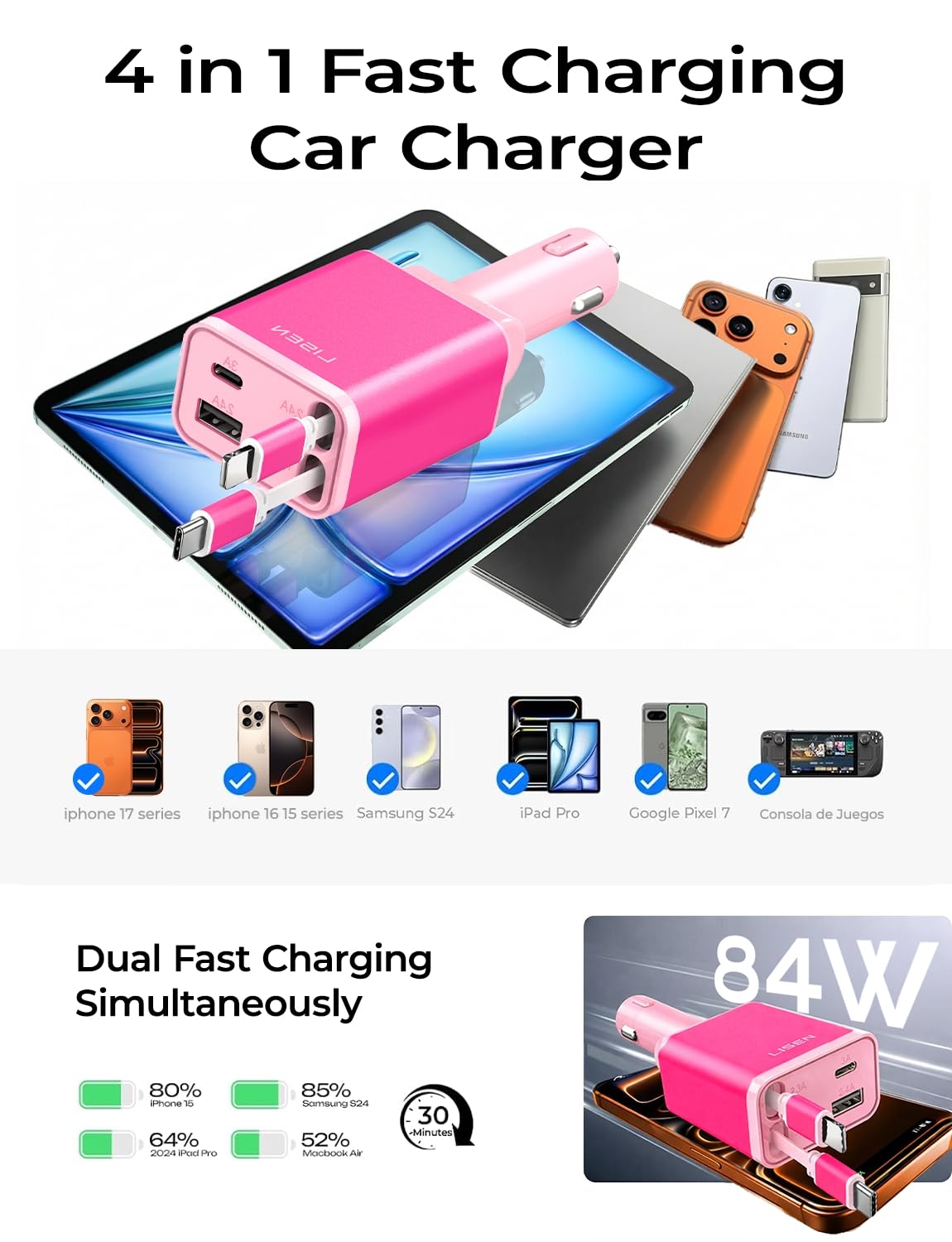 LISEN 4-in-1 Retractable Car Charger – 84W USB-C Fast Charge for iPhone & Samsung
