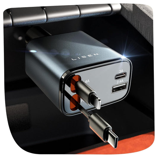LISEN 4-in-1 Retractable Car Charger – 84W USB-C Fast Charge for iPhone & Samsung