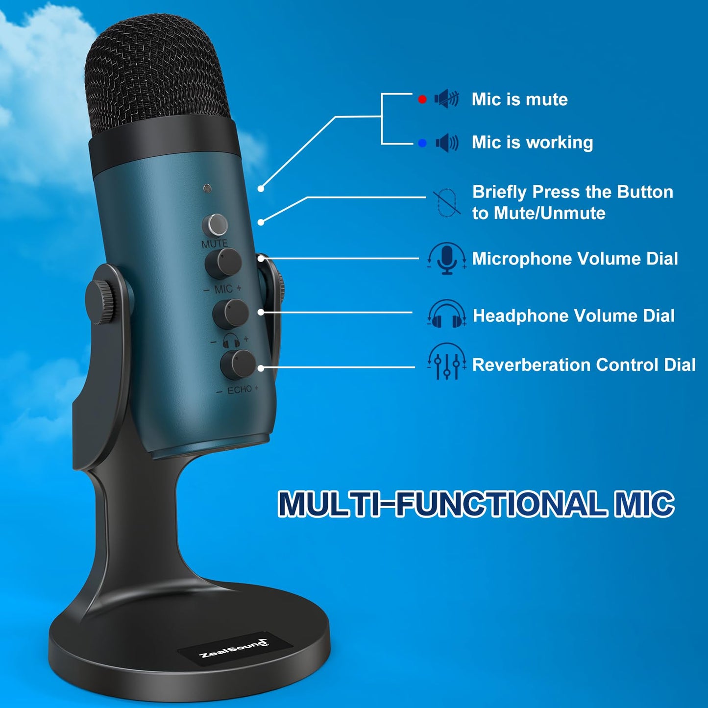 ZealSound Podcast Microphone for PC, Noise Cancellation USB Mic with Gain, Volume Adjustment & Mute Button, Monitoring & Echo, for YouTube, TikTok, Podcasting, Streaming, iPhone, iPad, Android, Mac