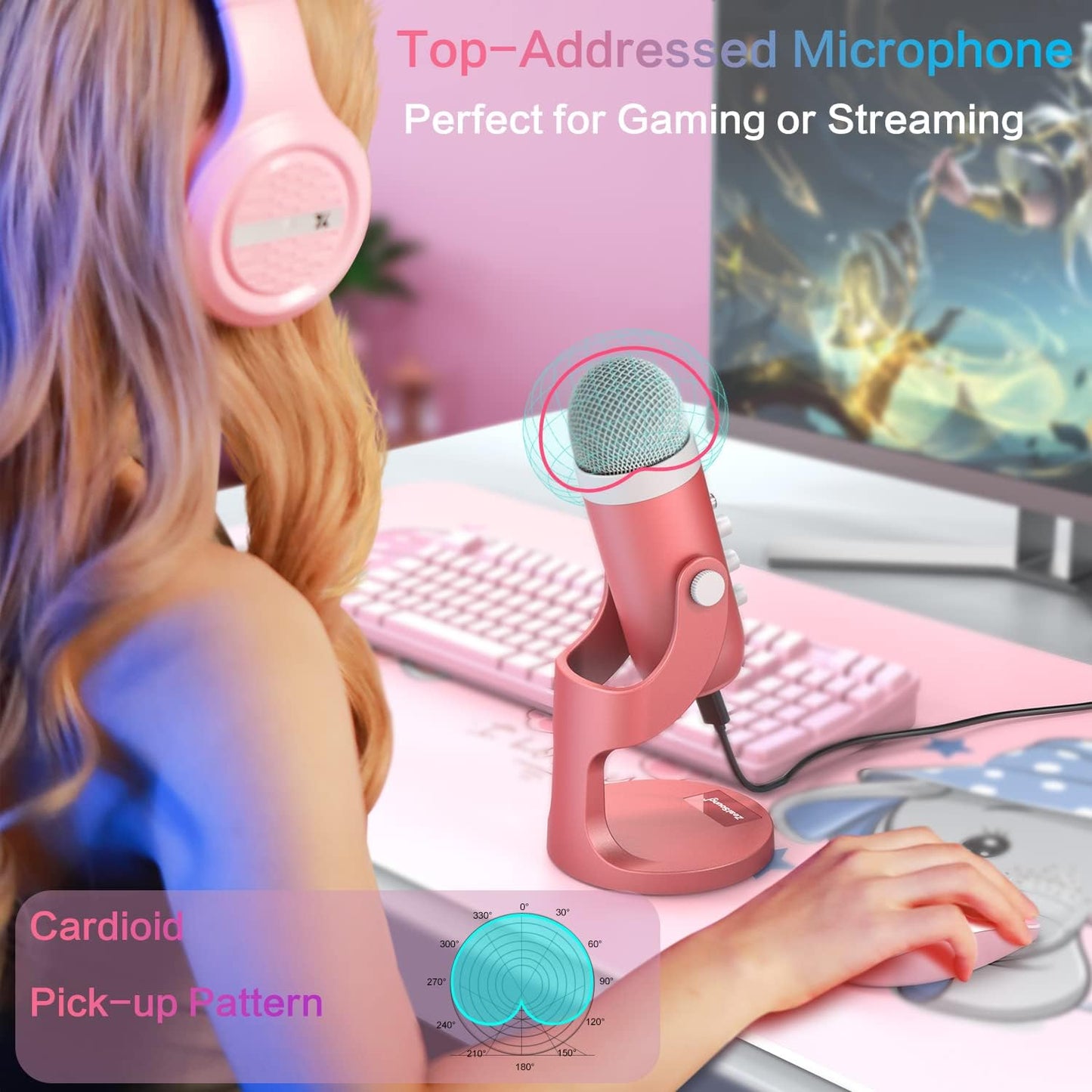 ZealSound K66 Pink USB Microphone — ASMR, Podcasting & Streaming with Noise Cancellation
