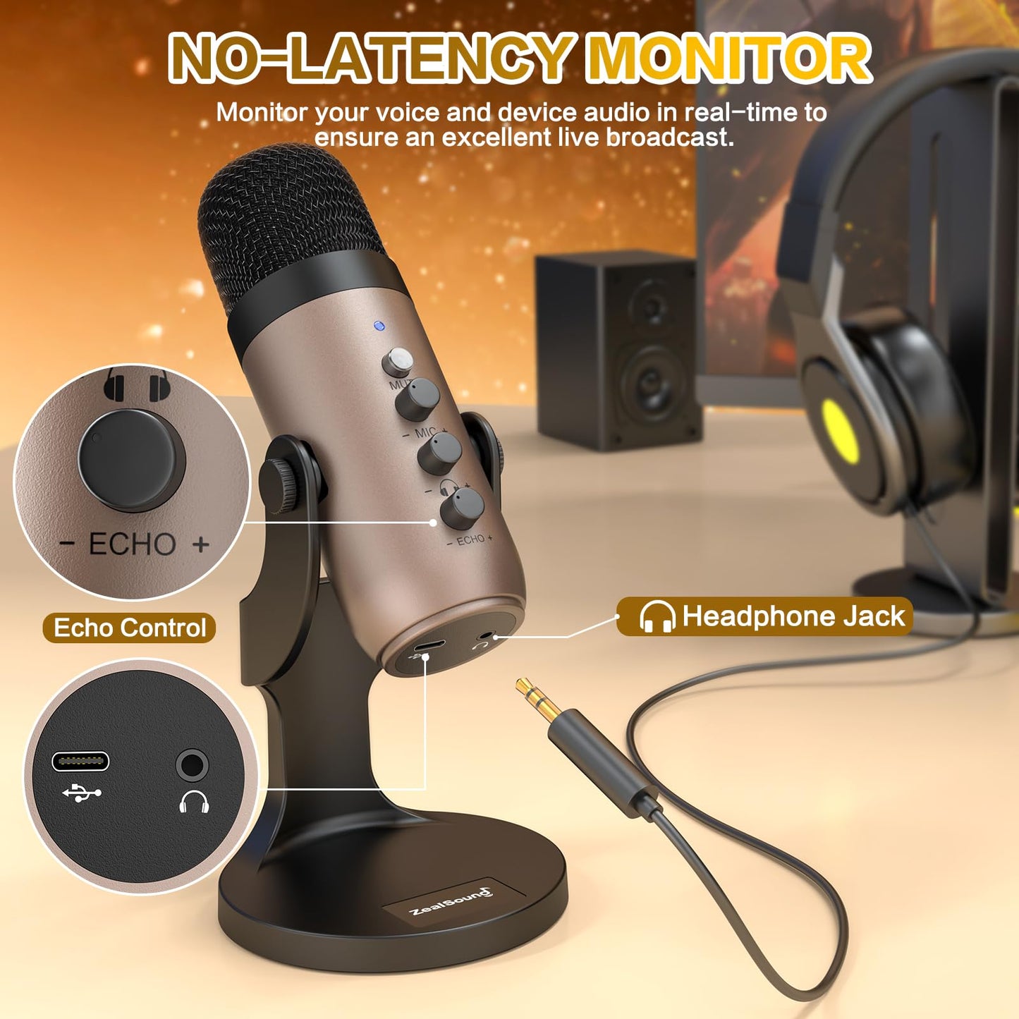 ZealSound Podcast Microphone for PC, Noise Cancellation USB Mic with Gain, Volume Adjustment & Mute Button, Monitoring & Echo, for YouTube, TikTok, Podcasting, Streaming, iPhone, iPad, Android, Mac