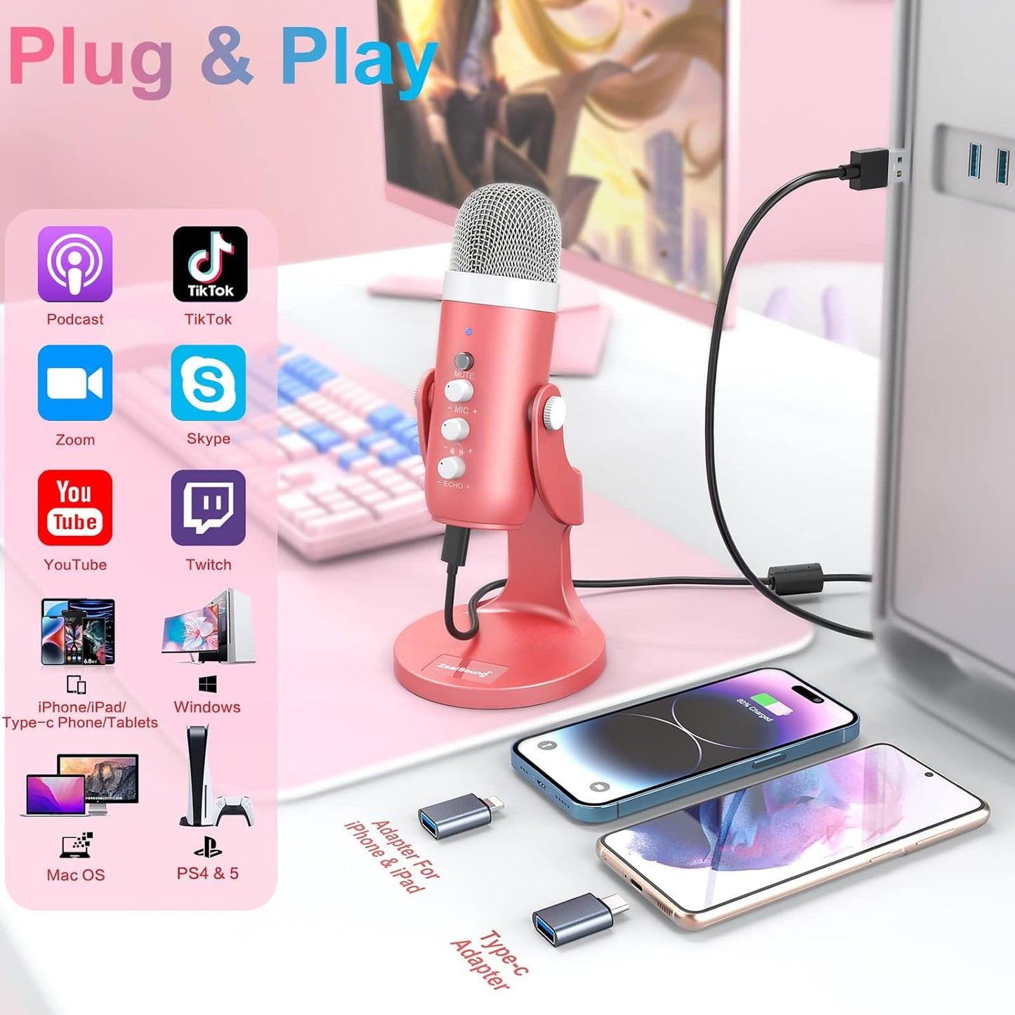 ZealSound K66 Pink USB Microphone — ASMR, Podcasting & Streaming with Noise Cancellation