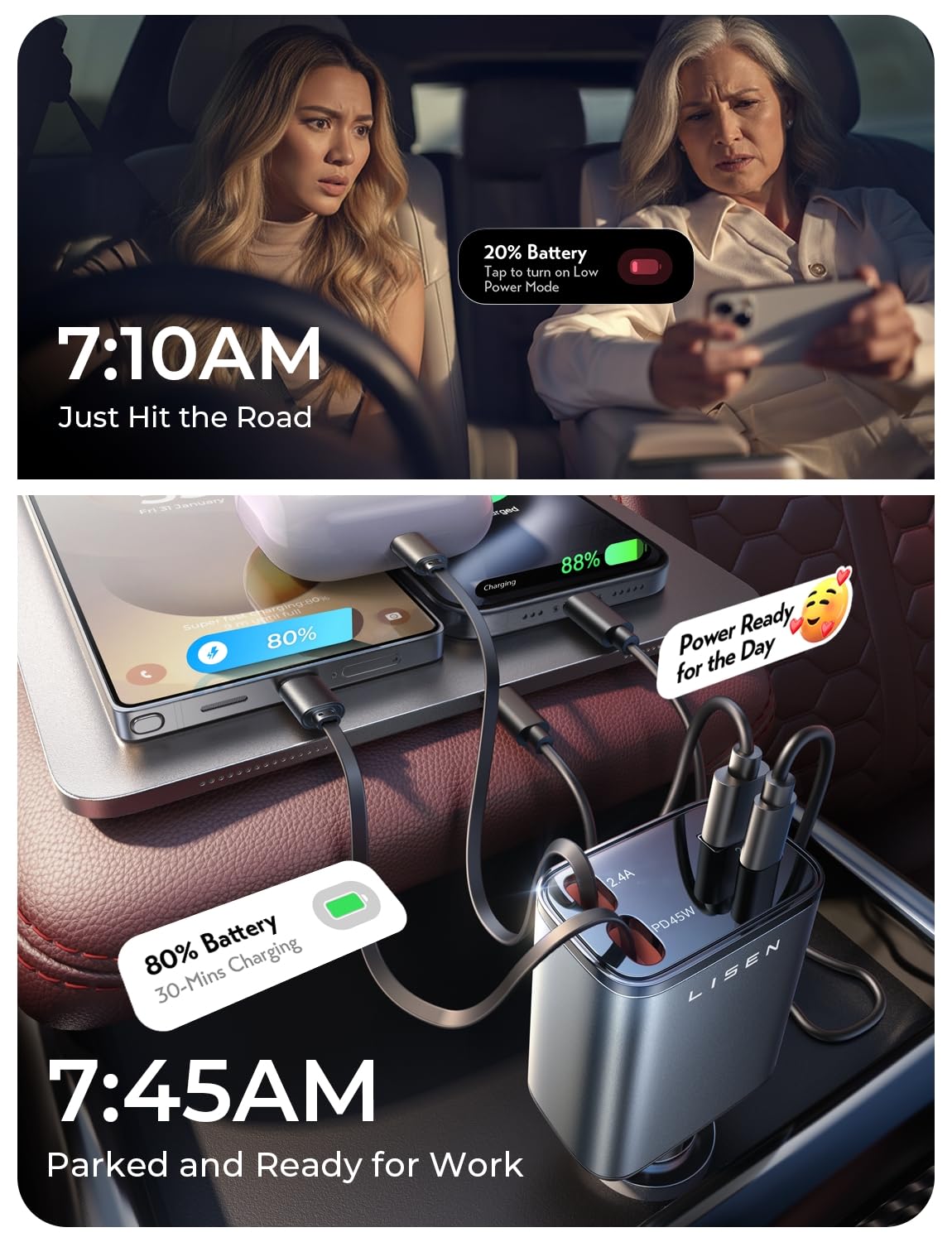 LISEN 4-in-1 Retractable Car Charger – 84W USB-C Fast Charge for iPhone & Samsung