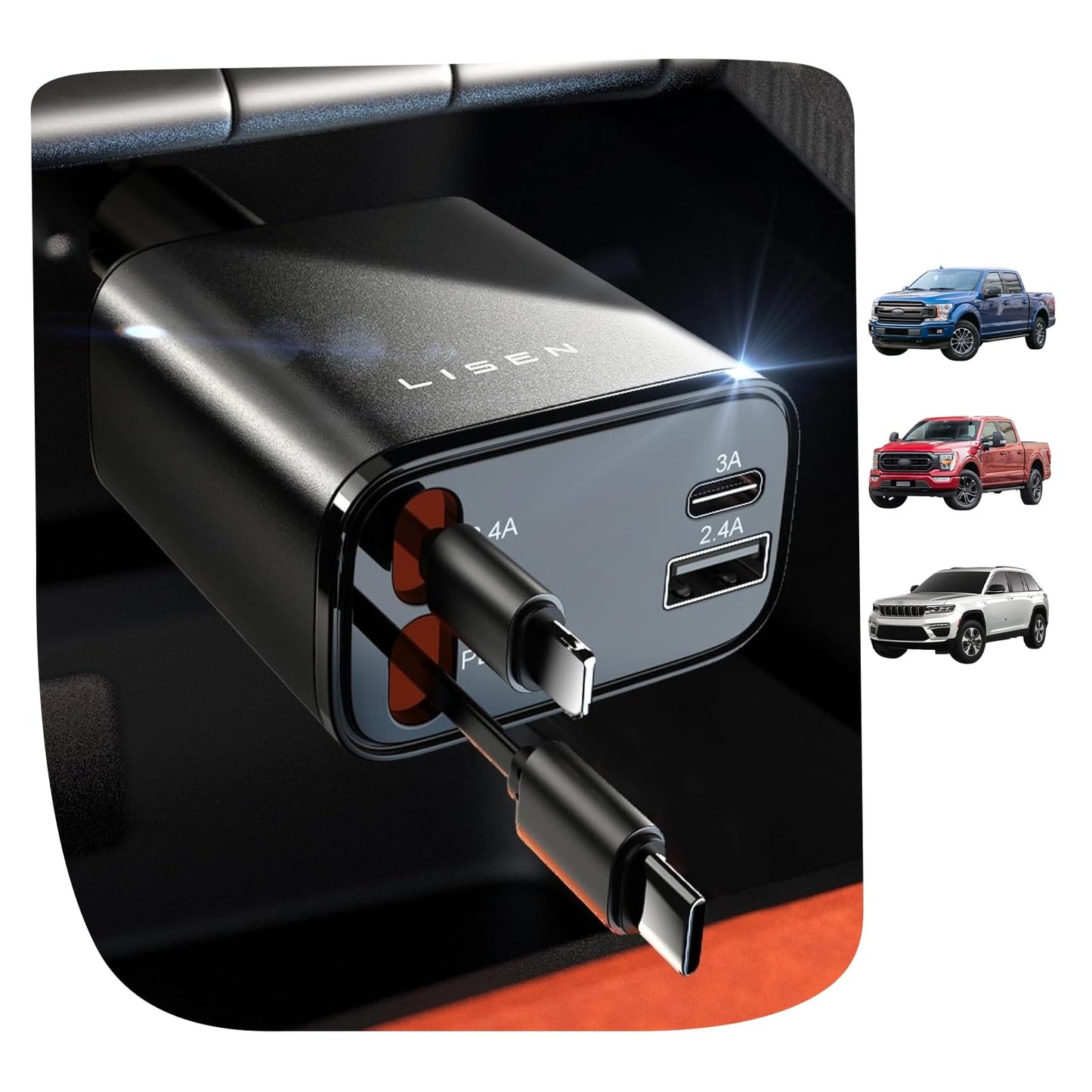 LISEN 4-in-1 Retractable Car Charger – 84W USB-C Fast Charge for iPhone & Samsung