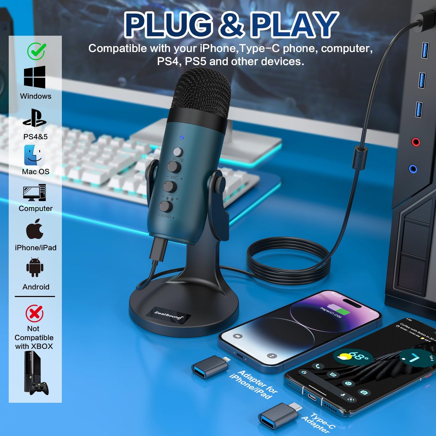 ZealSound Podcast Microphone for PC, Noise Cancellation USB Mic with Gain, Volume Adjustment & Mute Button, Monitoring & Echo, for YouTube, TikTok, Podcasting, Streaming, iPhone, iPad, Android, Mac