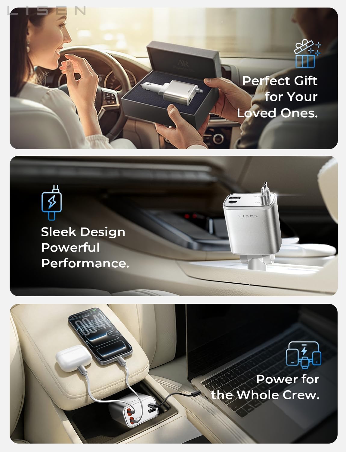 LISEN 4-in-1 Retractable Car Charger – 84W USB-C Fast Charge for iPhone & Samsung