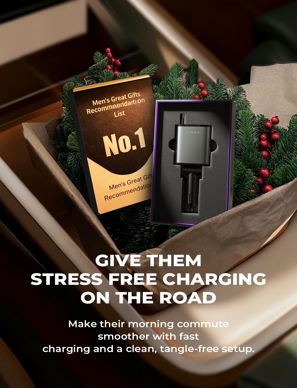 LISEN 4-in-1 Retractable Car Charger – 84W USB-C Fast Charge for iPhone & Samsung