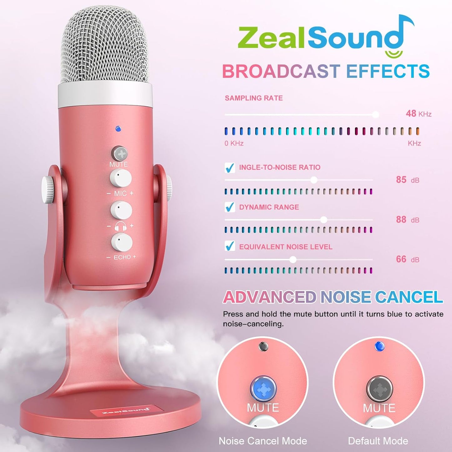 ZealSound K66 Pink USB Microphone — ASMR, Podcasting & Streaming with Noise Cancellation