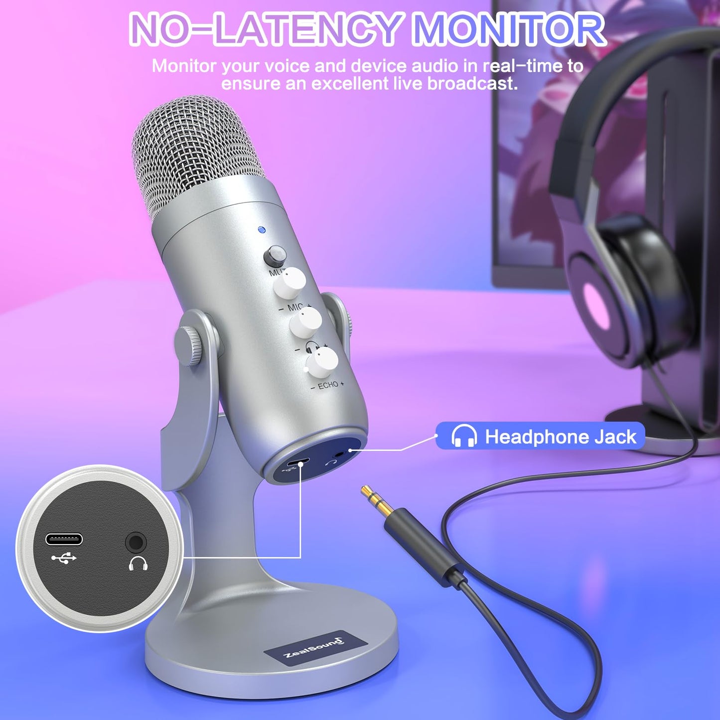 ZealSound Podcast Microphone for PC, Noise Cancellation USB Mic with Gain, Volume Adjustment & Mute Button, Monitoring & Echo, for YouTube, TikTok, Podcasting, Streaming, iPhone, iPad, Android, Mac