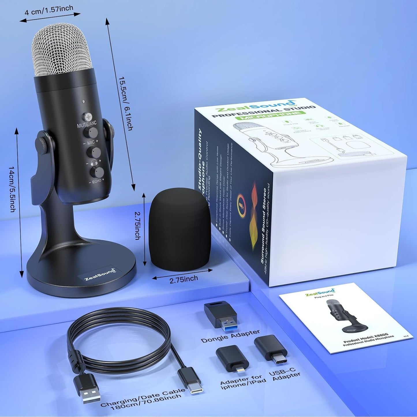 ZealSound Podcast Microphone for PC, Noise Cancellation USB Mic with Gain, Volume Adjustment & Mute Button, Monitoring & Echo, for YouTube, TikTok, Podcasting, Streaming, iPhone, iPad, Android, Mac
