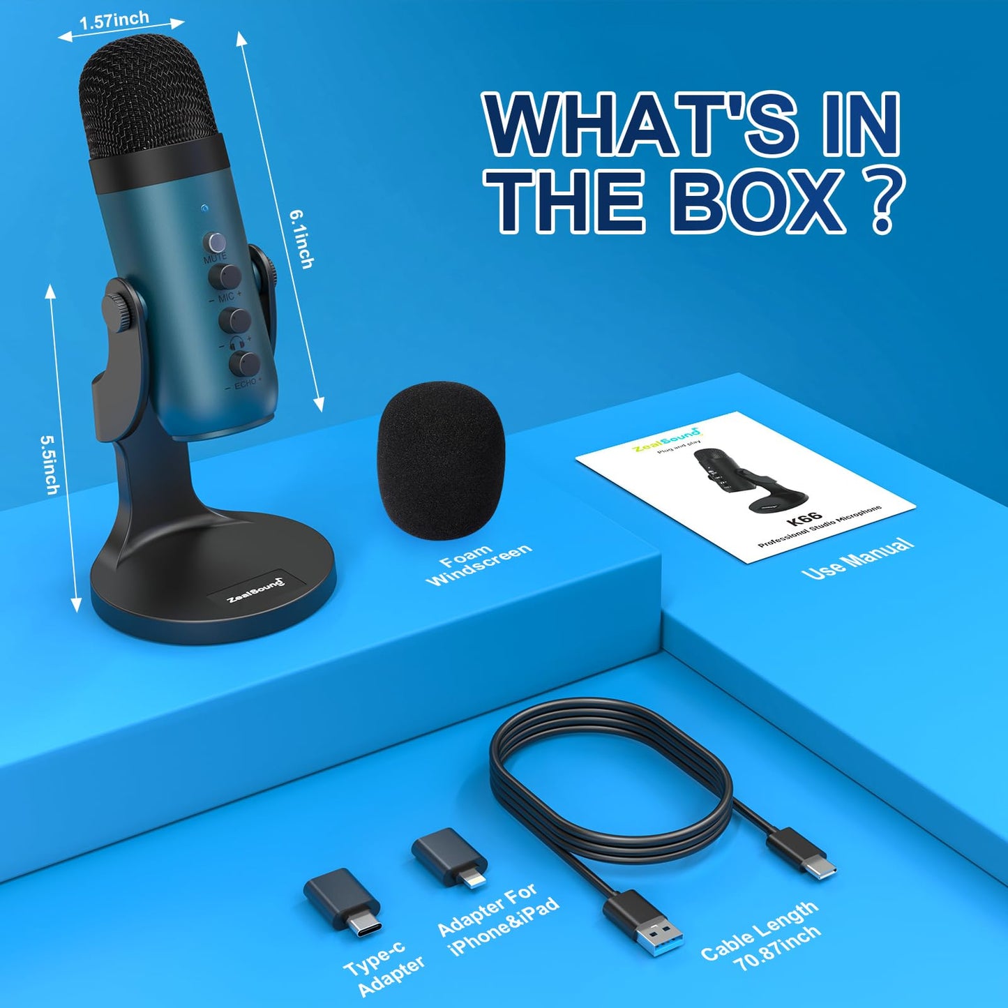 ZealSound Podcast Microphone for PC, Noise Cancellation USB Mic with Gain, Volume Adjustment & Mute Button, Monitoring & Echo, for YouTube, TikTok, Podcasting, Streaming, iPhone, iPad, Android, Mac
